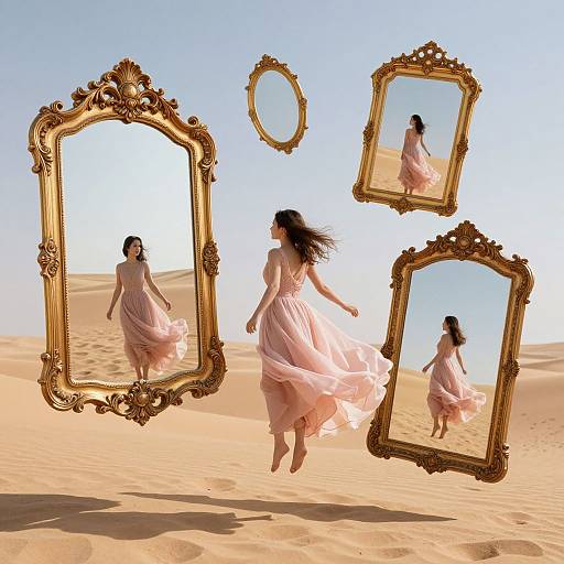 Photograph of a woman in a flowing pink dress, reflected in four ornate gold-framed mirrors, floating in a sunlit desert.
