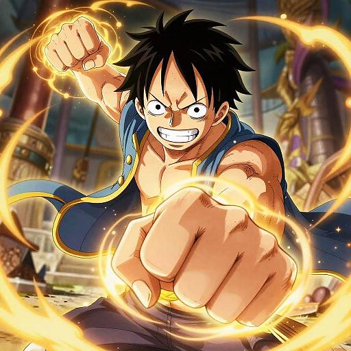 Anime-style digital drawing of a muscular, black-haired man with intense expression, pointing forward with glowing yellow energy surrounding his fist. Wearing a blue jacket