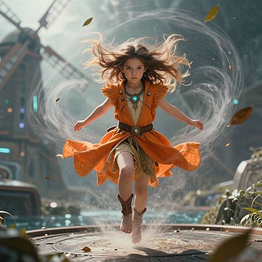 Digital artwork of a young woman with flowing brown hair, wearing an orange dress and boots, mid-jump, creating a swirling vortex, surrounded by floating