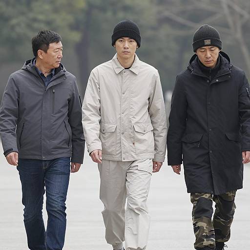 Three Men Walking Outdoors in Winter Clothing