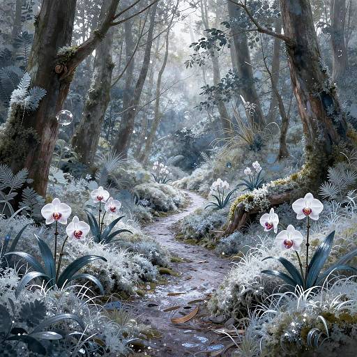 Dreamy Forest Path with Ethereal Orchids