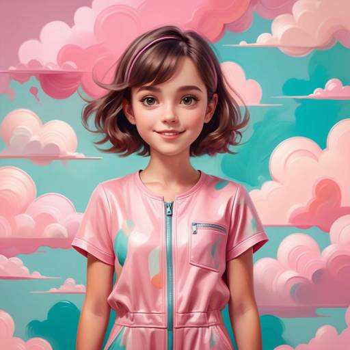 Smiling Girl in Pink Outfit with Dreamy Clouds