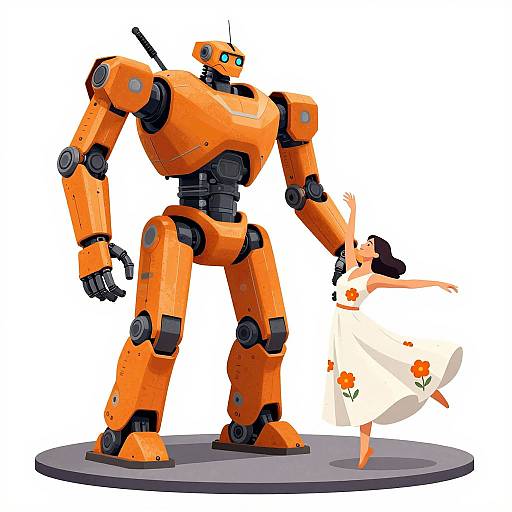 Digital illustration of a large, orange, robotic humanoid with black joints, standing on a gray platform, holding the arm of a dancing woman in a white