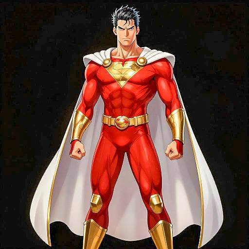 Muscular superhero in red bodysuit with white cape