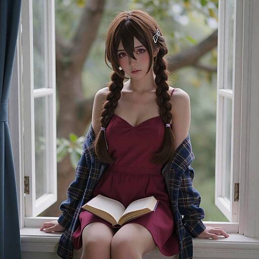 Photograph of a young woman with brown hair in braids, wearing a red dress and blue plaid shirt, sitting on a window sill, reading