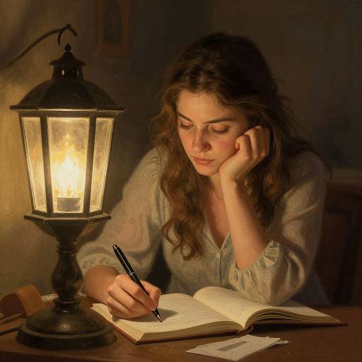 Photograph of a young woman with wavy brown hair, wearing a white blouse, writing in an open book by a glowing lantern.