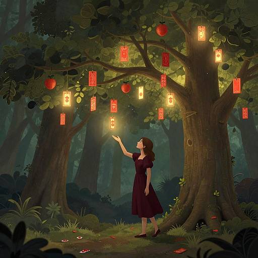 Digital illustration: Young woman in dark dress touches glowing red lanterns hanging from enchanted forest tree, surrounded by lush greenery.