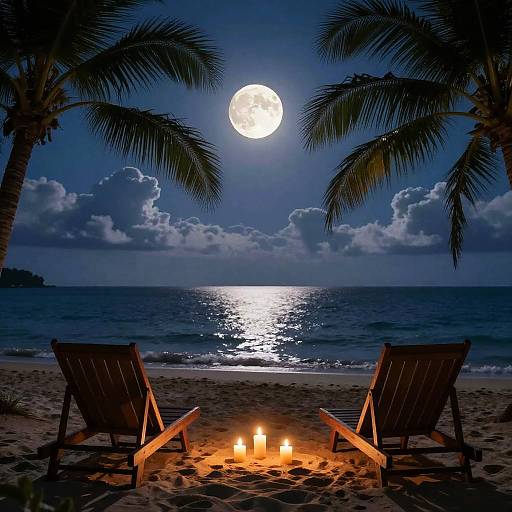 Photograph of a moonlit beach with two wooden lounge chairs, candles in the sand, and palm trees framing a full moon over the ocean.
