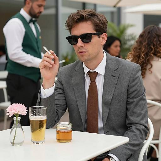 Stylish Man Outdoors with Beer and Flowers