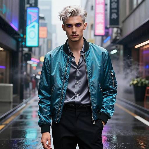 Iridescent Teal Bomber Cyberpunk Portrait