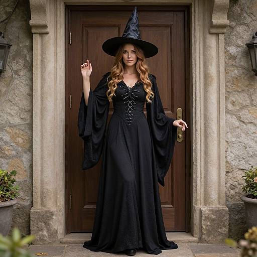 Photograph of a woman with long, wavy blonde hair in a black witch costume and hat, standing in front of a wooden door with stone walls