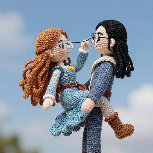 Photograph of a colorful, LEGO-style couple with the woman in a blue dress, brown hair, and glasses being carried by the man in a blue