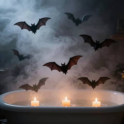 Photograph of a steaming white bathtub with three lit candles, surrounded by silhouetted flying bats in a dark, misty background.