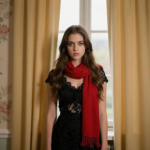 Elegant Woman in Lace Dress and Scarf