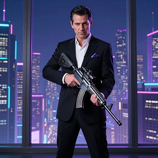 Photograph of a serious, dark-haired man in a black suit holding a rifle, standing in front of a neon-lit cityscape at night.