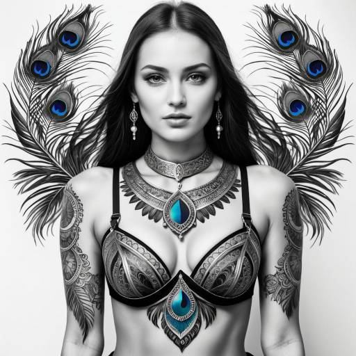 Woman with Peacock Feather Tattoos and Jewelry