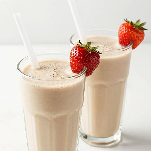 Photograph of two glasses filled with creamy, beige smoothies, each topped with a fresh, red strawberry, against a white background.