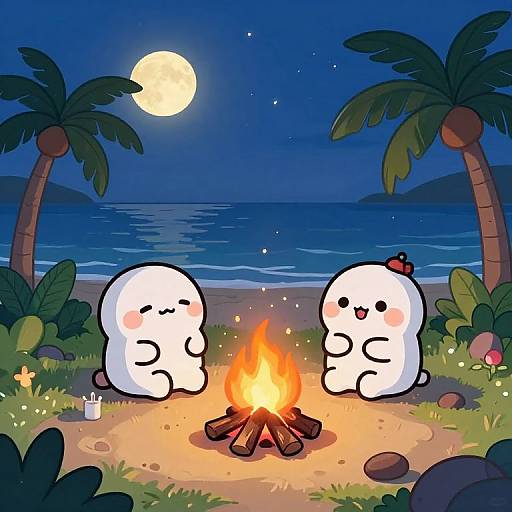 Cartoon illustration of two cute white ghost characters with blushing cheeks sitting by a campfire on a beach at night, with palm trees and a full