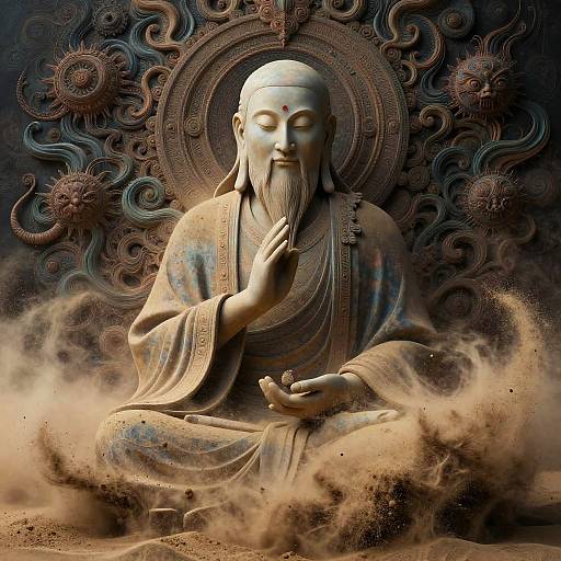 Digital artwork of a serene, bearded Buddha statue with a halo, sitting cross-legged, hands in meditation, surrounded by swirling smoke and mystical patterns.