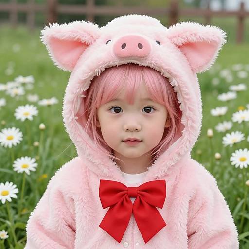Photograph of a cute young girl with pink hair, wearing a pink pig costume with a red bow, standing in a grassy field with white d