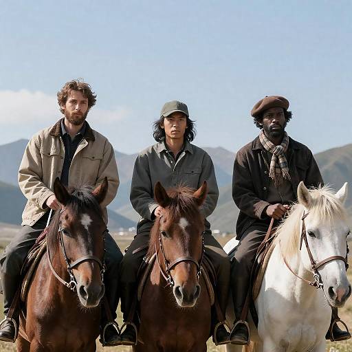 Three Men on Horses in Mountains