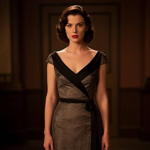 Photograph of a stylish woman with dark, wavy hair, wearing a form-fitting, textured black and brown dress with a V-neck, standing