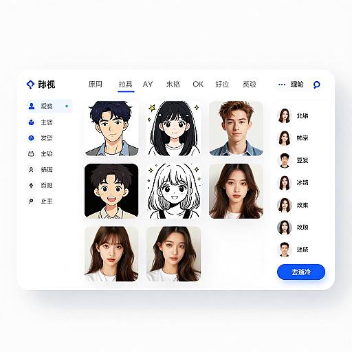 Digital screenshot of a user interface displaying anime-style character portraits with Chinese names, including both male and female figures.