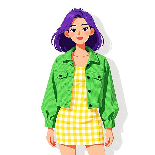 Digital illustration of a smiling woman with purple hair, wearing a green jacket over a yellow checkered dress, against a white background.
