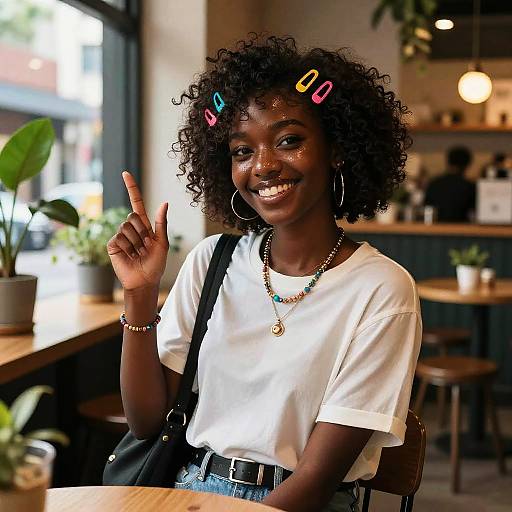Photograph of smiling young Black woman with curly hair, colorful hairpins, white t-shirt, denim shorts, hoop earrings, necklace, finger up,