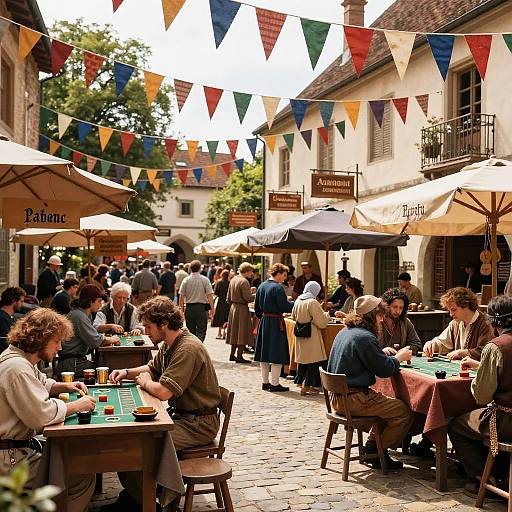Photograph of a bustling outdoor European café, with colorful bunting, patrons dining at green tables, under white umbrellas, on a cobblestone