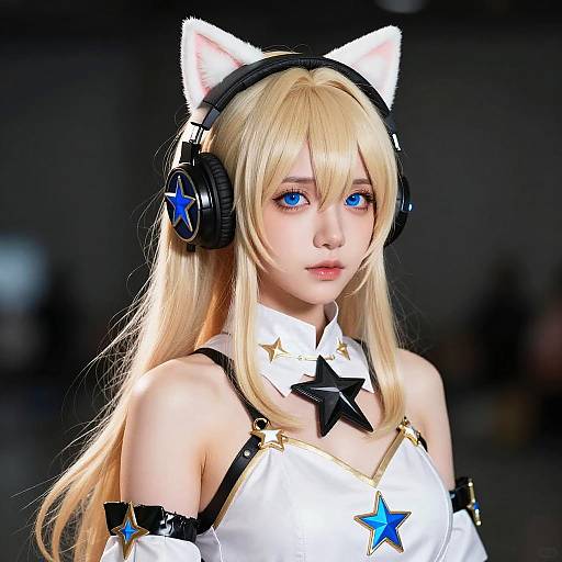 Digital anime-style portrait of a blonde woman with blue eyes, wearing cat ears, black headphones, white star-patterned dress, and blue stars on black
