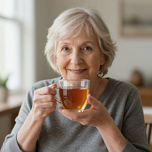 Photograph of an elderly woman with short gray hair, smiling, holding a glass of tea in a softly lit room.