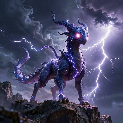 Digital artwork of a glowing, electric-blue, horned dragon with neon eyes, standing on a rocky cliff under a stormy, lightning-filled sky.