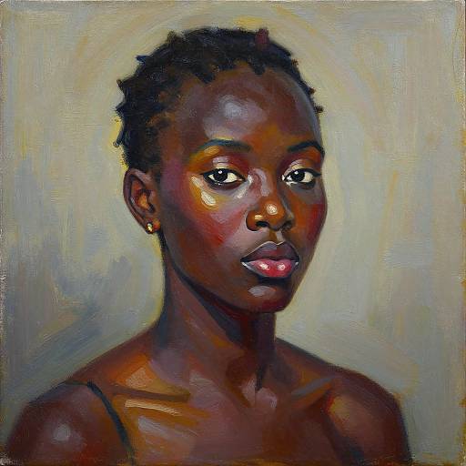 Oil painting of a dark-skinned woman with short, curly hair, glowing golden highlights on her face, and a neutral background.