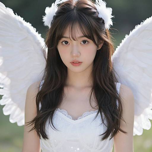 Photograph of an Asian woman with long brown hair, wearing white angel wings and dress, standing outdoors with a blurred green background.