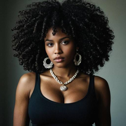 Dark-skinned woman with afro and jewelry