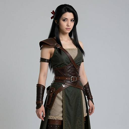 Photograph of a young woman with long black hair, wearing a dark green and brown medieval-style dress with leather armor, standing against a plain white background