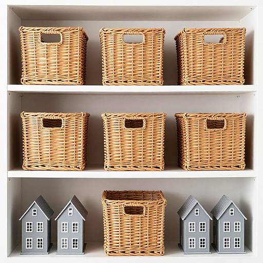 Photograph of three woven wicker baskets on white shelves, with four gray house figurines below, arranged neatly in a row.
