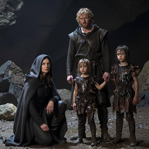 Medieval Family in Dark Cave Setting
