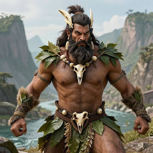 CGI image of a muscular, bearded warrior with dark skin, wearing leafy armor, skull necklace, and animal skull belt, standing in a