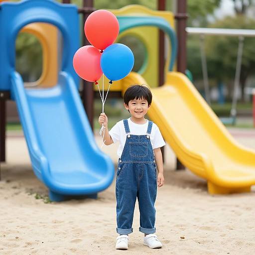 Photograph of a smiling Asian boy in blue overalls and white shirt, holding three red and blue balloons, standing in a colorful playground with a blue
