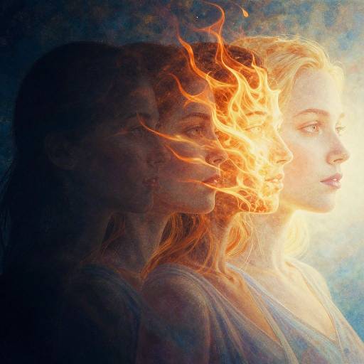 Digital artwork of two women in profile, one dark and shadowy, the other illuminated by fiery orange light, blending into a mystical, ethereal background