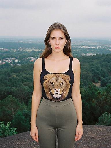 Photograph of a young woman with long brown hair, wearing a black tank top with a lion face print and gray high-waisted pants, standing