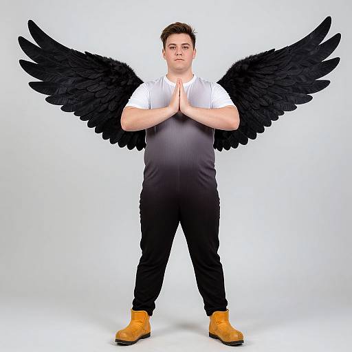 Photograph of a young man with short brown hair, white shirt, black pants, and yellow shoes, standing with black angel wings, hands pressed together