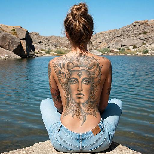 Photograph of a tattooed woman with a large sun face tattoo on her back, sitting on a rock by a clear blue lake, wearing light blue
