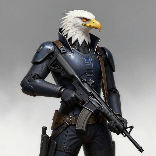 Digital art of an anthropomorphic bald eagle in dark, shiny armored suit holding a rifle, with intense red eyes, against a gradient gray background.