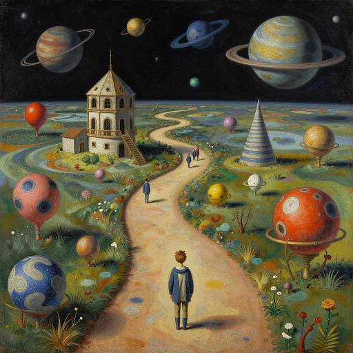 Whimsical digital painting: child in blue coat walks on winding path through colorful, surreal landscape with giant planets, houses, and flowers.