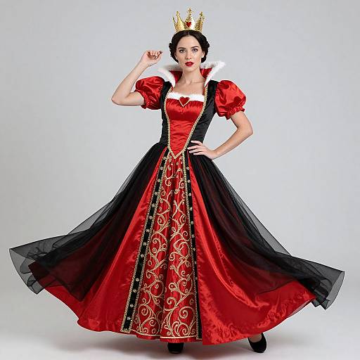 Photograph of a fair-skinned woman in a red and black queen's gown with gold embroidery, white fur collar, gold crown, and black shoes