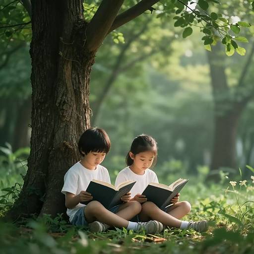 Siblings Reading Peacefully in Forest