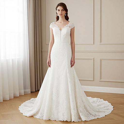 Photograph of a slender, fair-skinned woman with dark brown hair in an elegant, white lace wedding dress with a V-neck and cap sleeves,